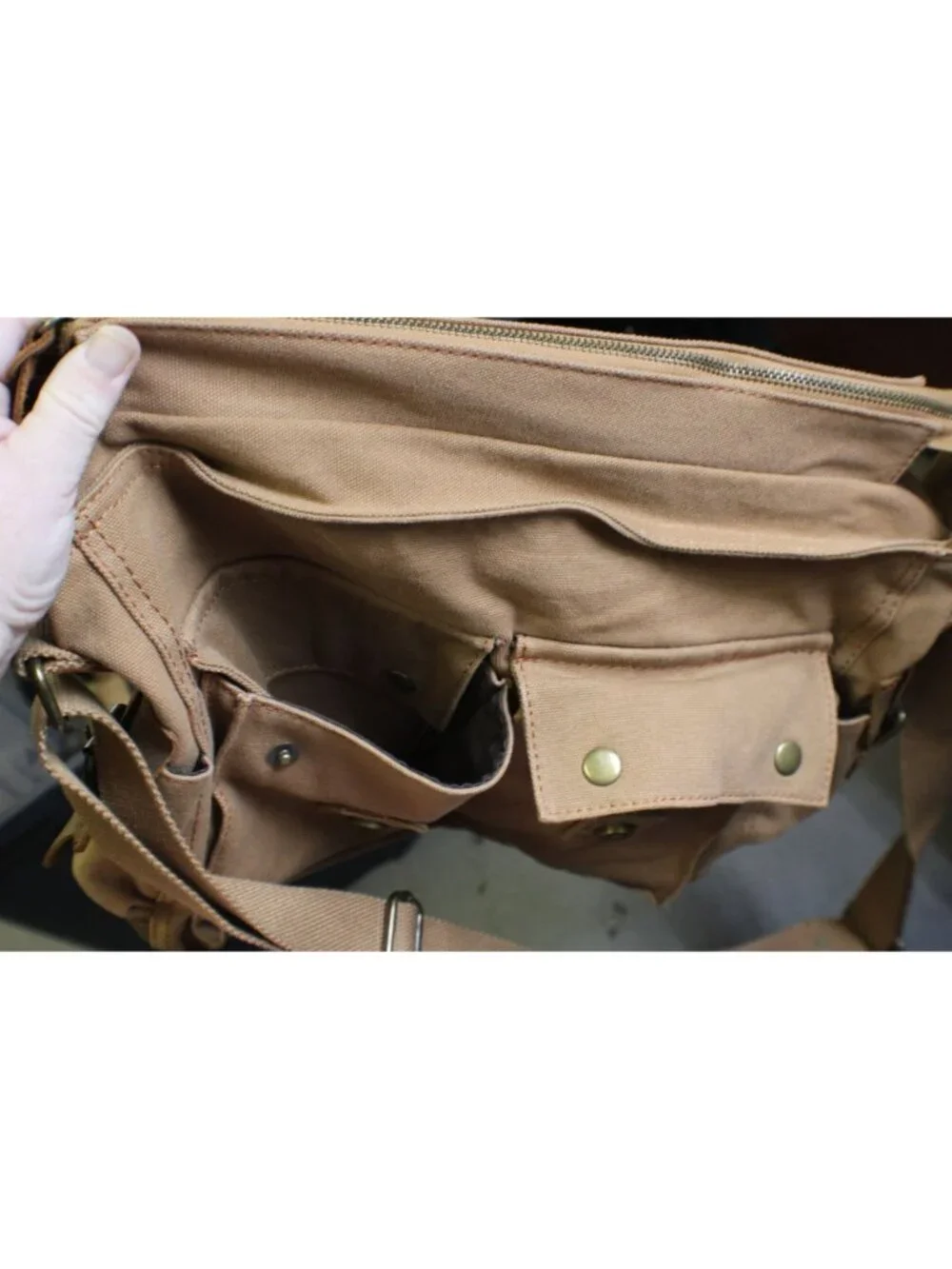 Augur Strauss & Co Canvas Messenger Bag Tan Buckle Flaps Adj Strap Utility Style